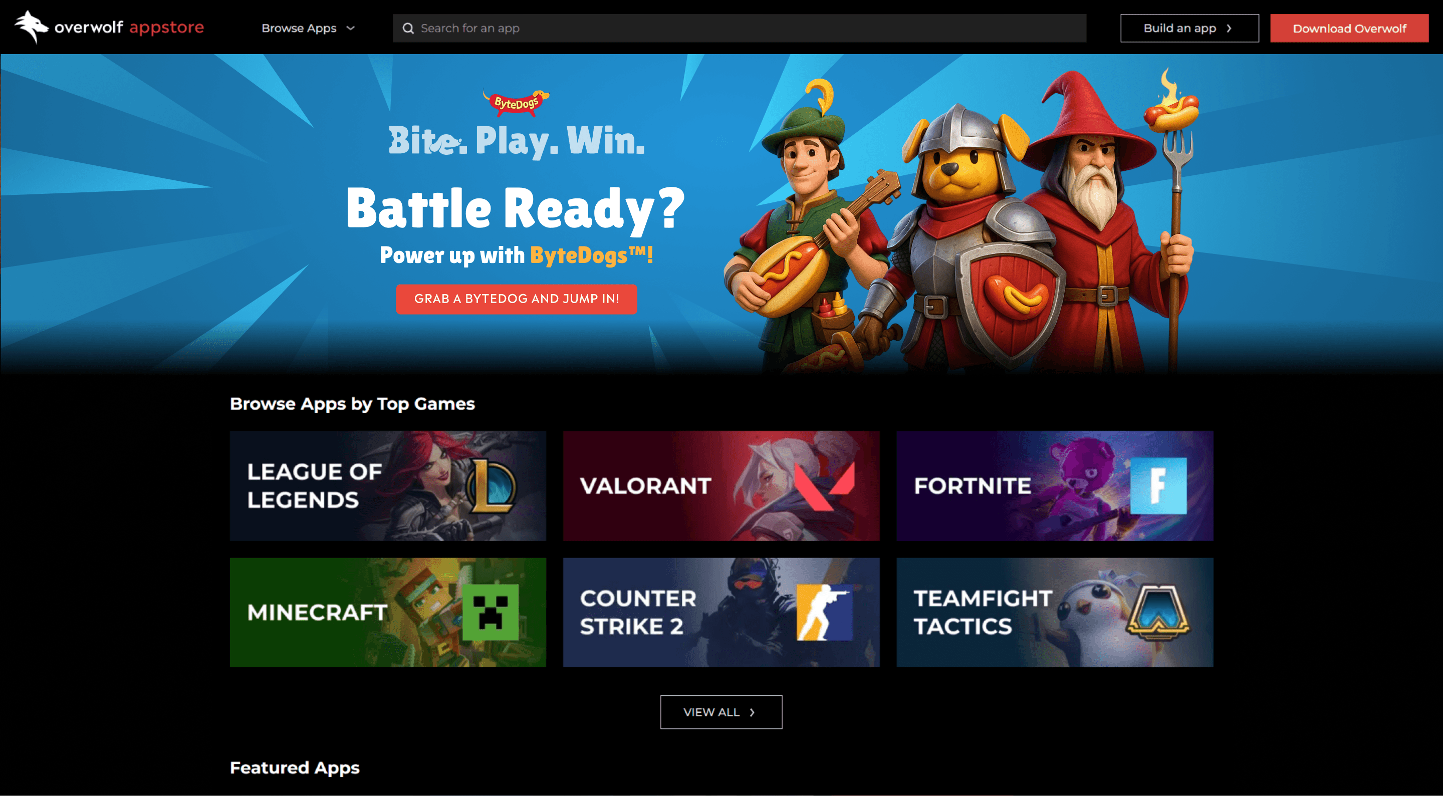 Overwolf app store homepage featuring ByteDogs gaming cosmetics and popular games like Minecraft and Valorant.