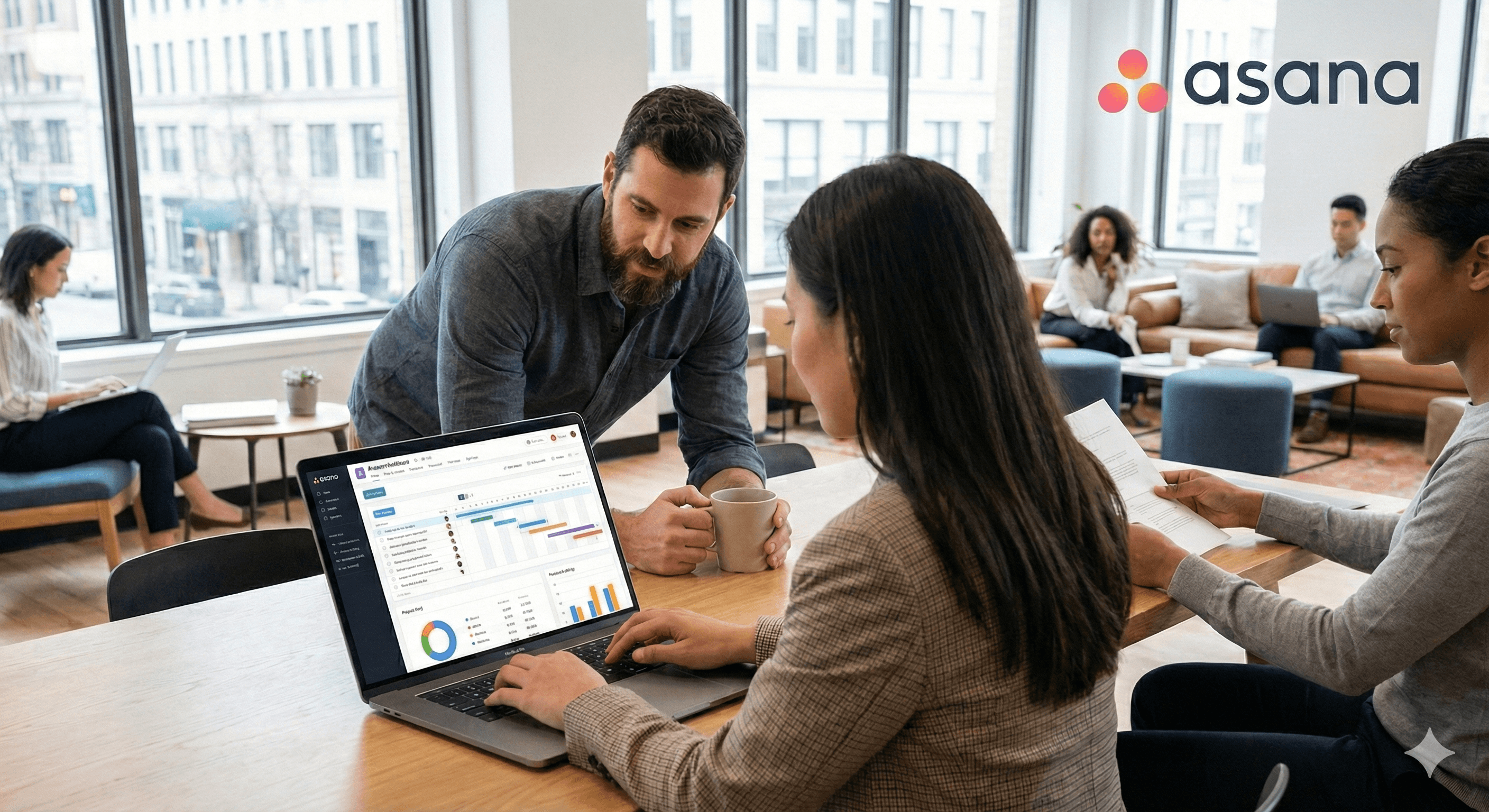 In a modern office setting, a diverse group of professionals collaborates on laptops and documents, with a focus on a woman analyzing a data dashboard on her screen; the Asana logo is visible on the top right, suggesting a work-related discussion possibly related to project management or pricing strategies.