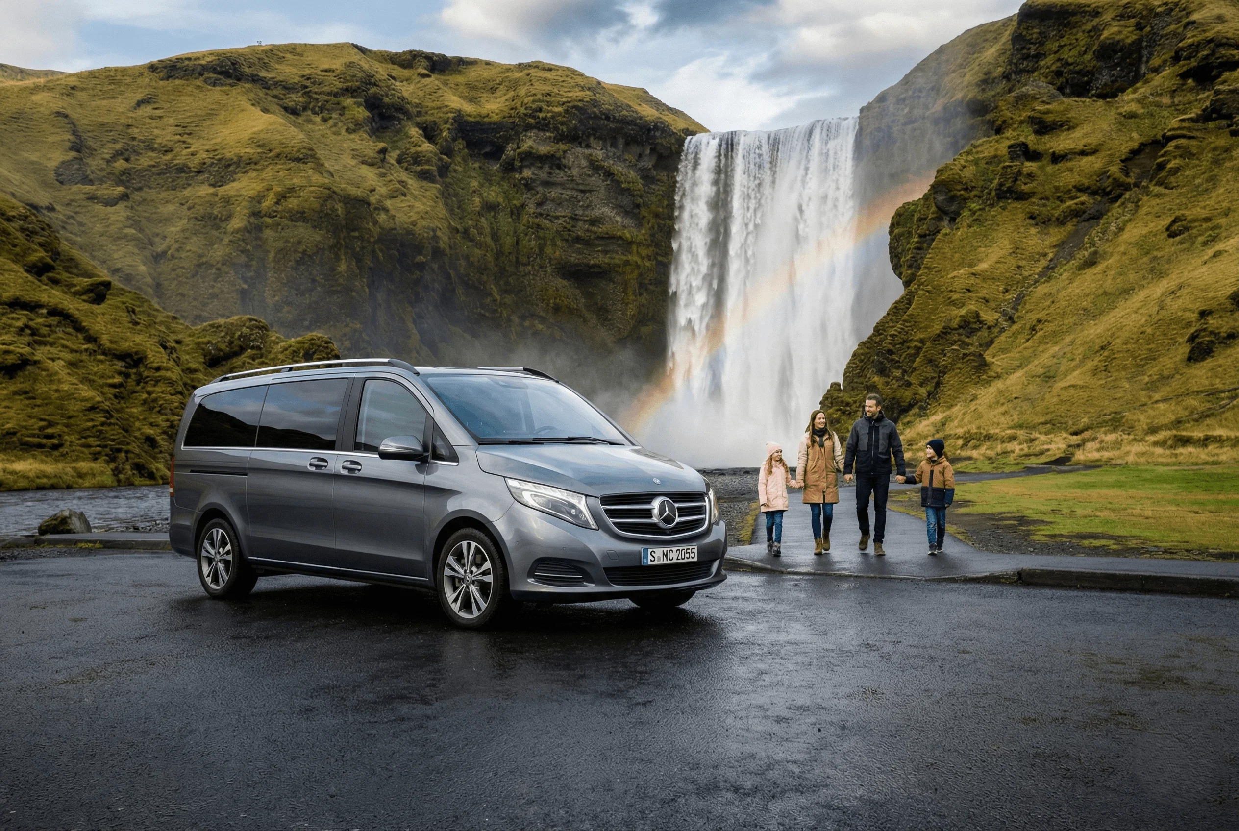 A family standing next to a silver Mercedes van parked in front of a large waterfall.