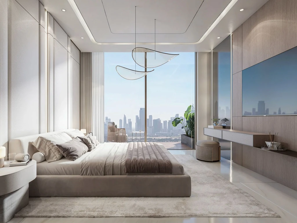 A modern bedroom in Arka Enclave featuring a large window with a panoramic view of the city skyline.