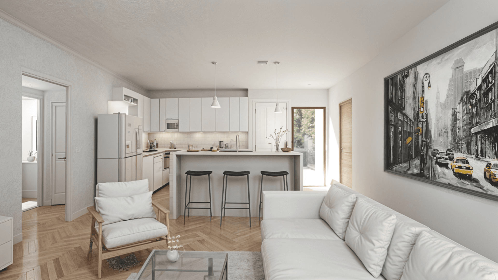 Contemporary living room with a bright open layout, a white sectional sofa, and a stylish kitchen with bar seating.