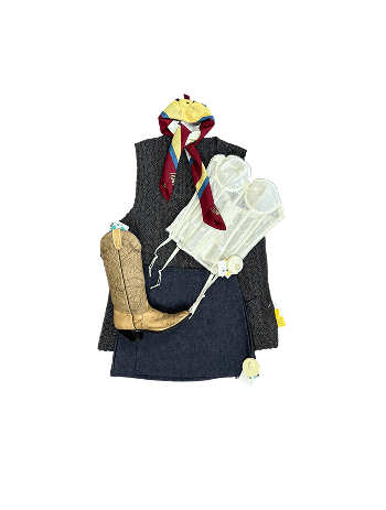 Still life of clothes: a vest, skirt, corset, cowboy boot, & scarf on black.