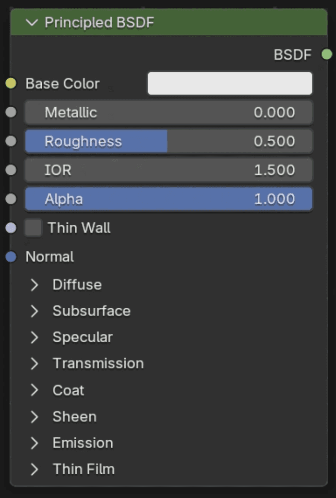 Blender Principled BSDF node with Base Color, Metallic, Roughness, and other material controls.