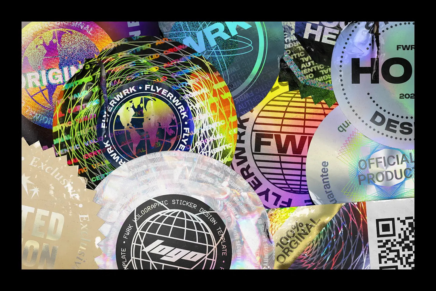 Extreme macro close-up showcasing authentic light diffraction and detailed textures on holographic sticker mockups