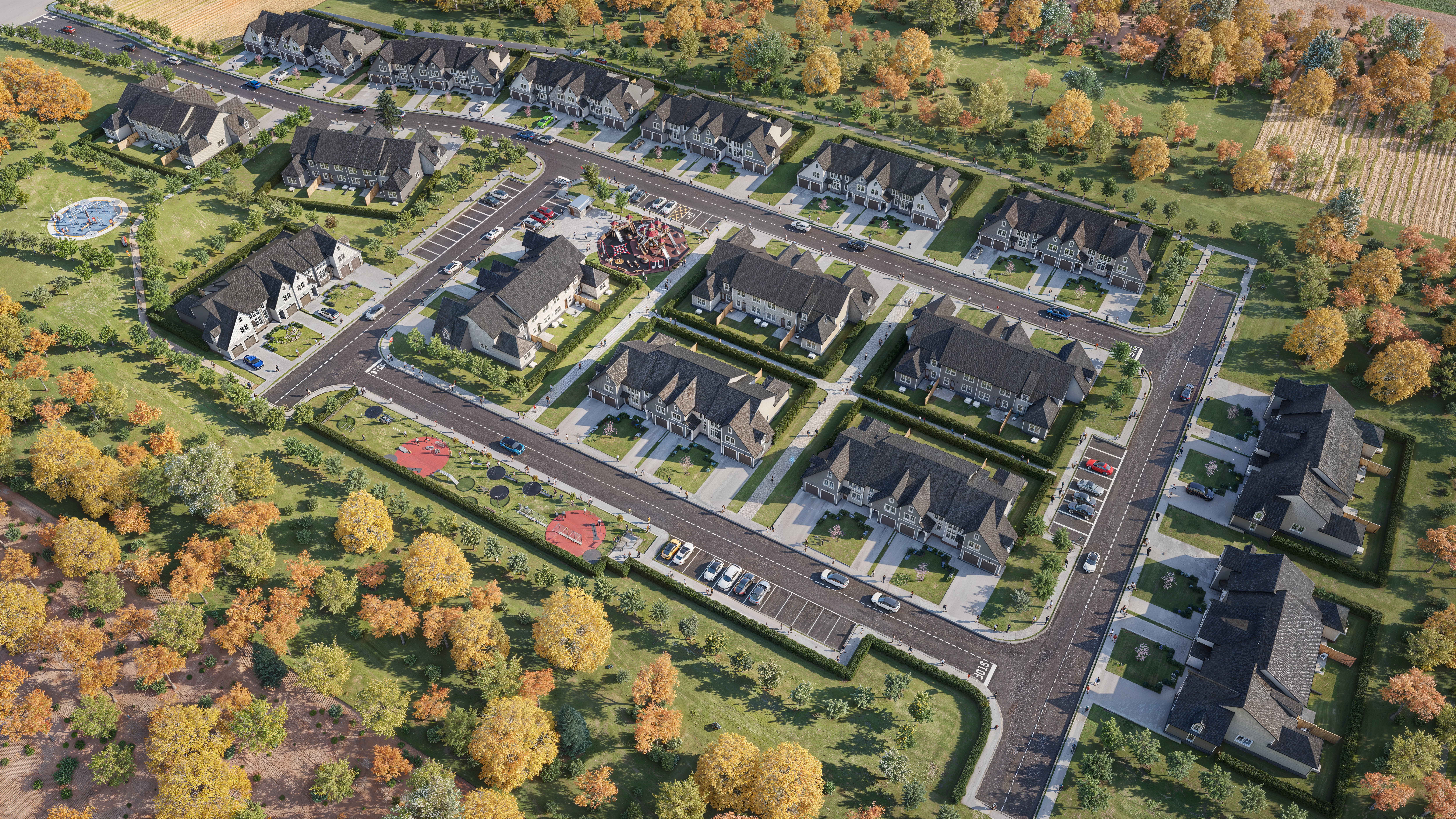 Modern sustainable townhomes surrounded by lush landscaping and a winding pathway.