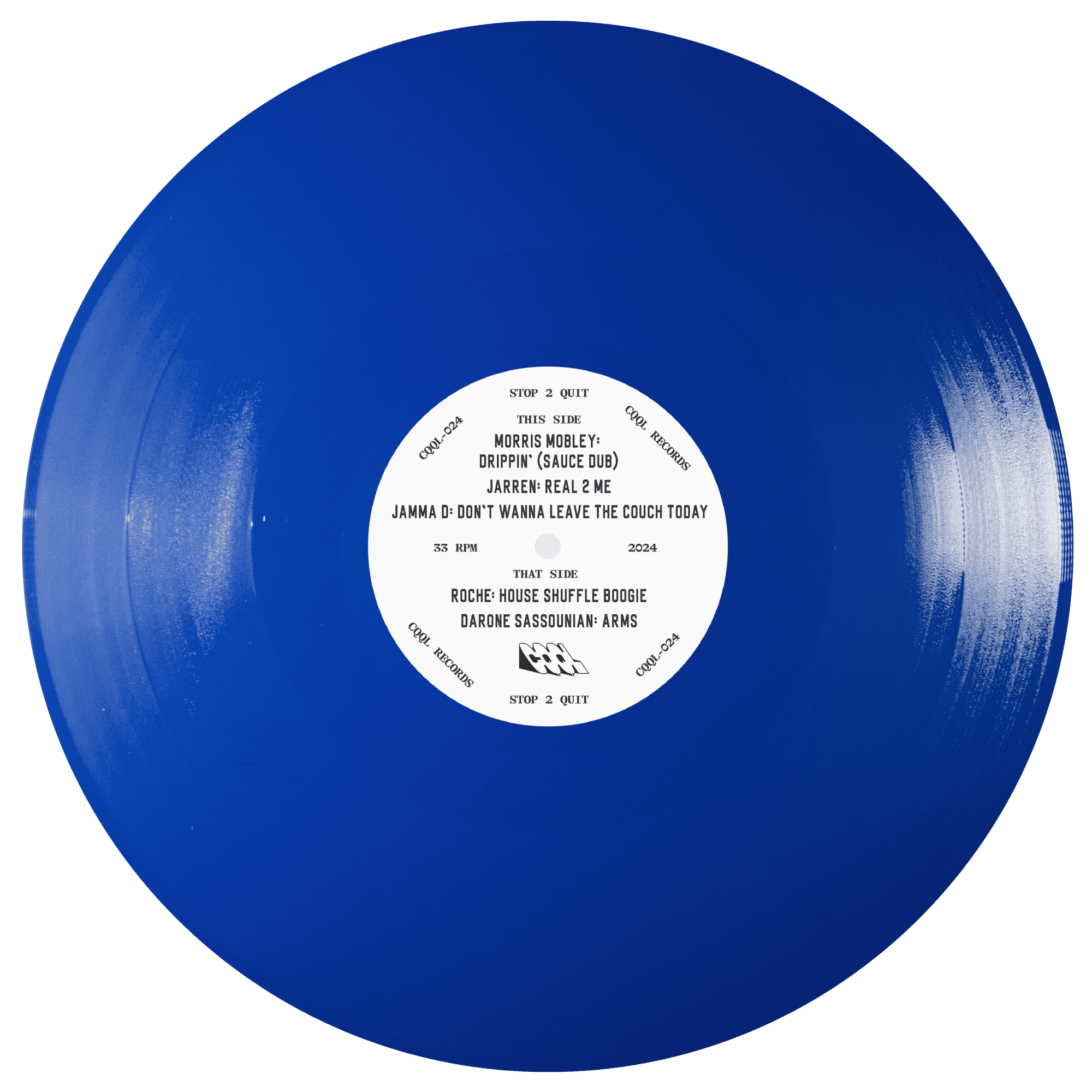 Blue vinyl record with a white label on a white background