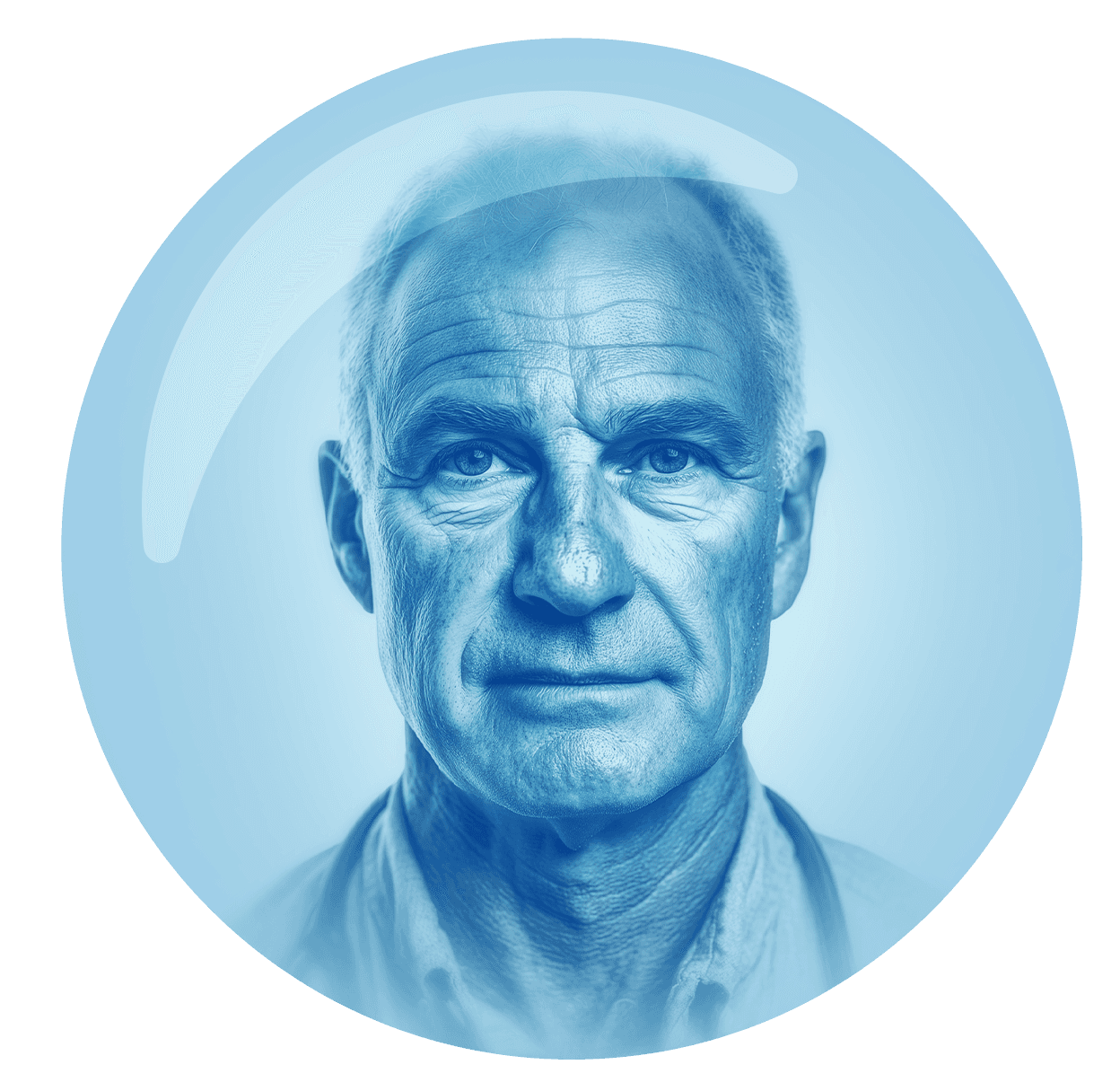 A circular blue-tinted portrait of an older man with facial hair, wearing a suit and looking directly at the viewer.