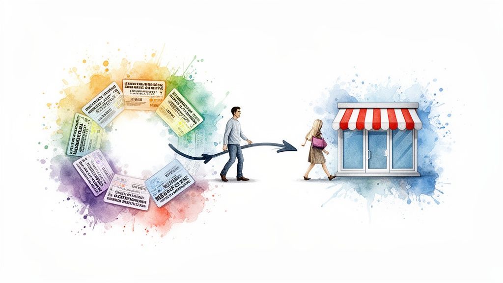 Watercolor illustration showing a man, an arrow, a woman entering a store, and loyalty cards.