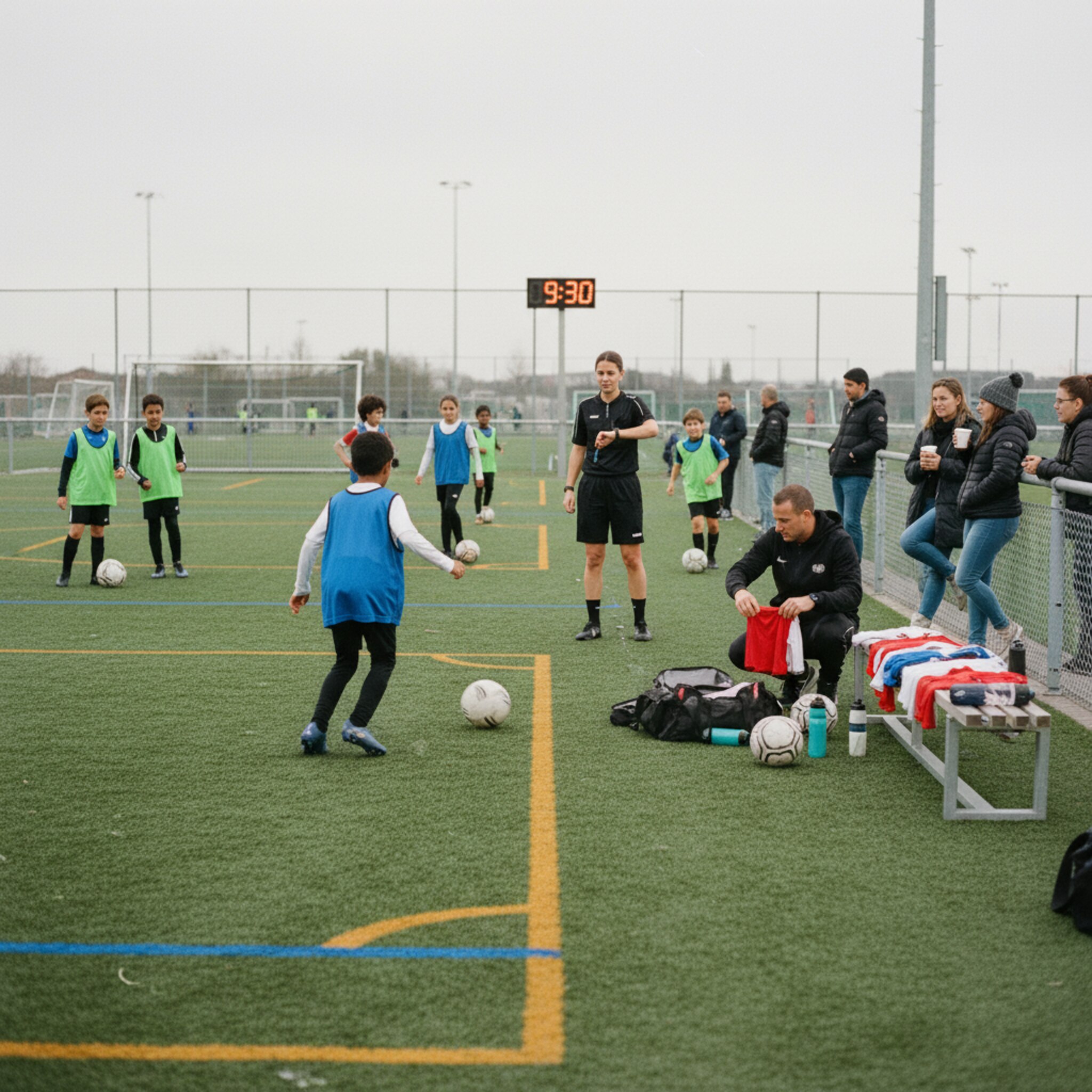 Drei nebeneinanderliegende Kunstrasenfelder mit farbigen Linien. Auf einem Feld wärmen sich zwei Teams mit kurzen Pässen auf, eine Schiedsrichterin prüft ihre Pfeife. Am Rand ordnet ein Betreuer Trikotsätze. Eine Anzeigetafel zeigt die nächste Spielzeit und Zuschauer lehnen am Zaun.