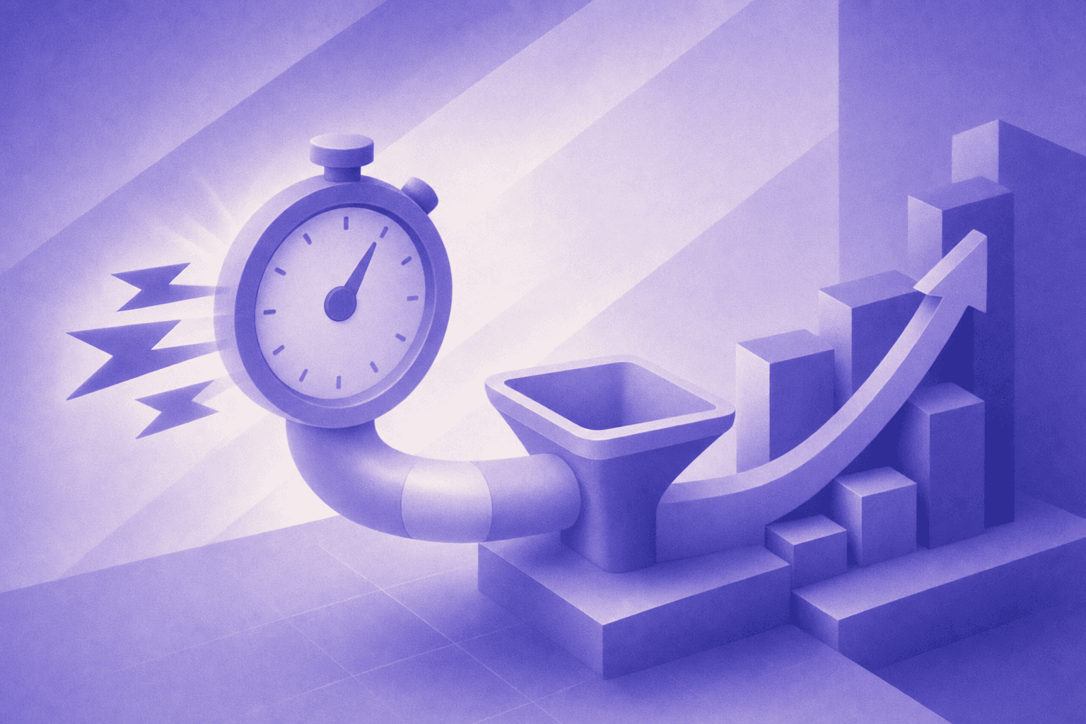 A modern digital illustration showing a stopwatch or clock with lightning bolts, connected to a smooth pipeline or funnel flowing into a sales chart trending upward, representing rapid lead response time and conversion speed, clean flat design with blue and green color palette, no text or labels