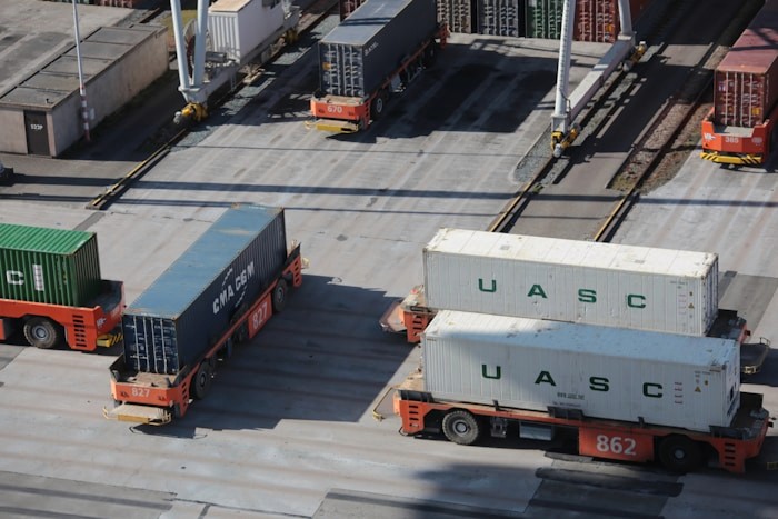 Shipping containers prepared for transport as part of a flexible rental service.