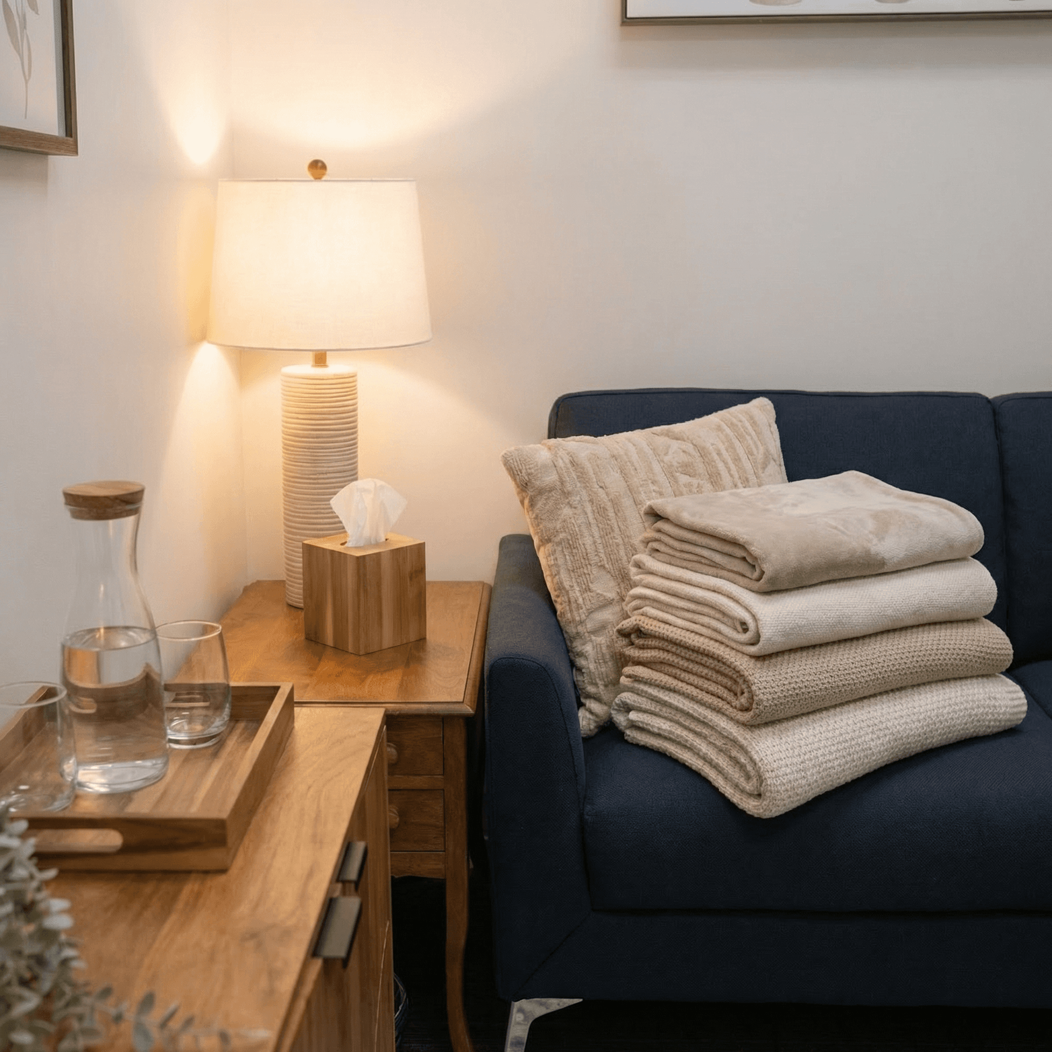 Comfortable therapy room amenities including cozy blankets tissues and water at Sonder Counselling Calgary