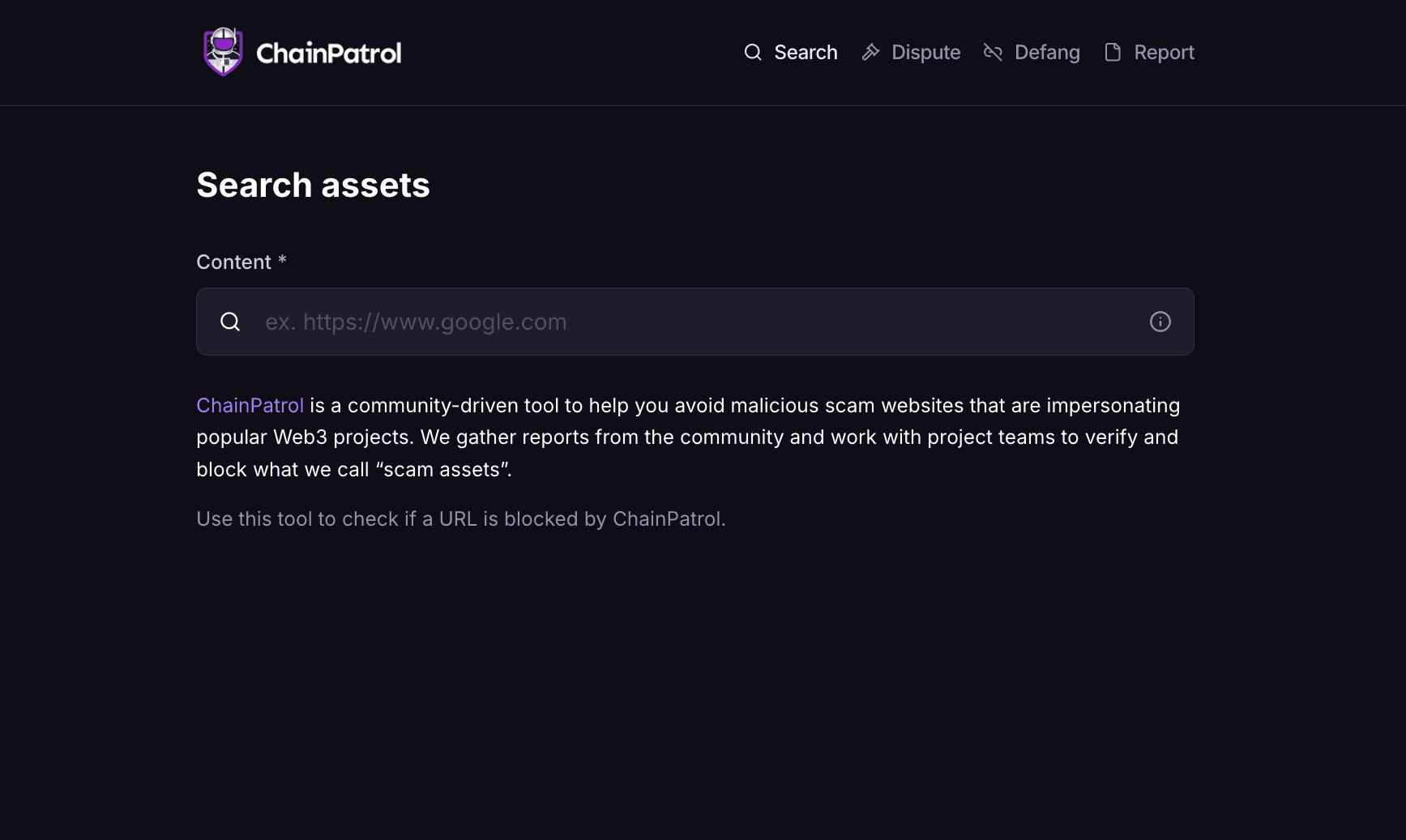 a screenshot of the search assets page for chainpatrol