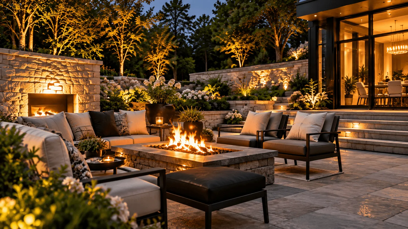 Live: finished outdoor living room with a stone fireplace and lounge seating