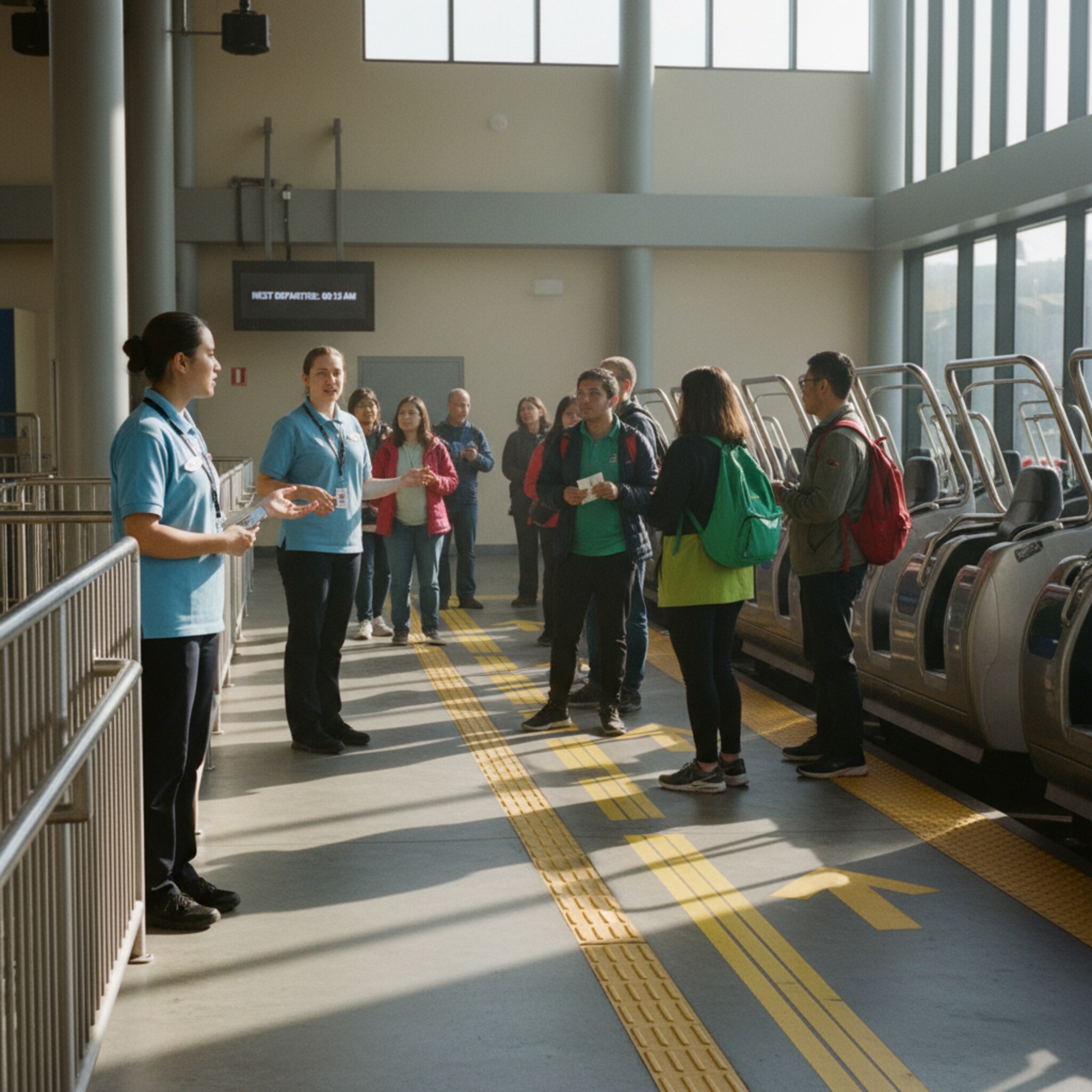 Eine Attraktionsstation im Morgenlicht: Mitarbeitende leiten eine kleine Gruppe in nummerierte Reihen, leere Wagen stehen bereit. Gelbe Markierungen strukturieren den Boden, ein dezentes Schild weist auf die nächste Fahrtzeit hin. Die Atmosphäre ist geordnet und konzentriert, bereit für den nächsten Slot.
