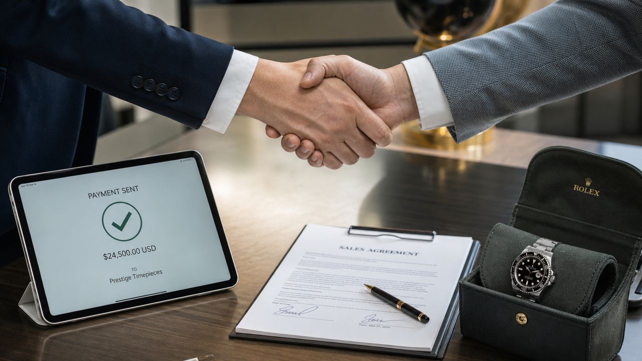 Two business partners shaking hands over a completed luxury watch sale agreement with a payment confirmation displayed.