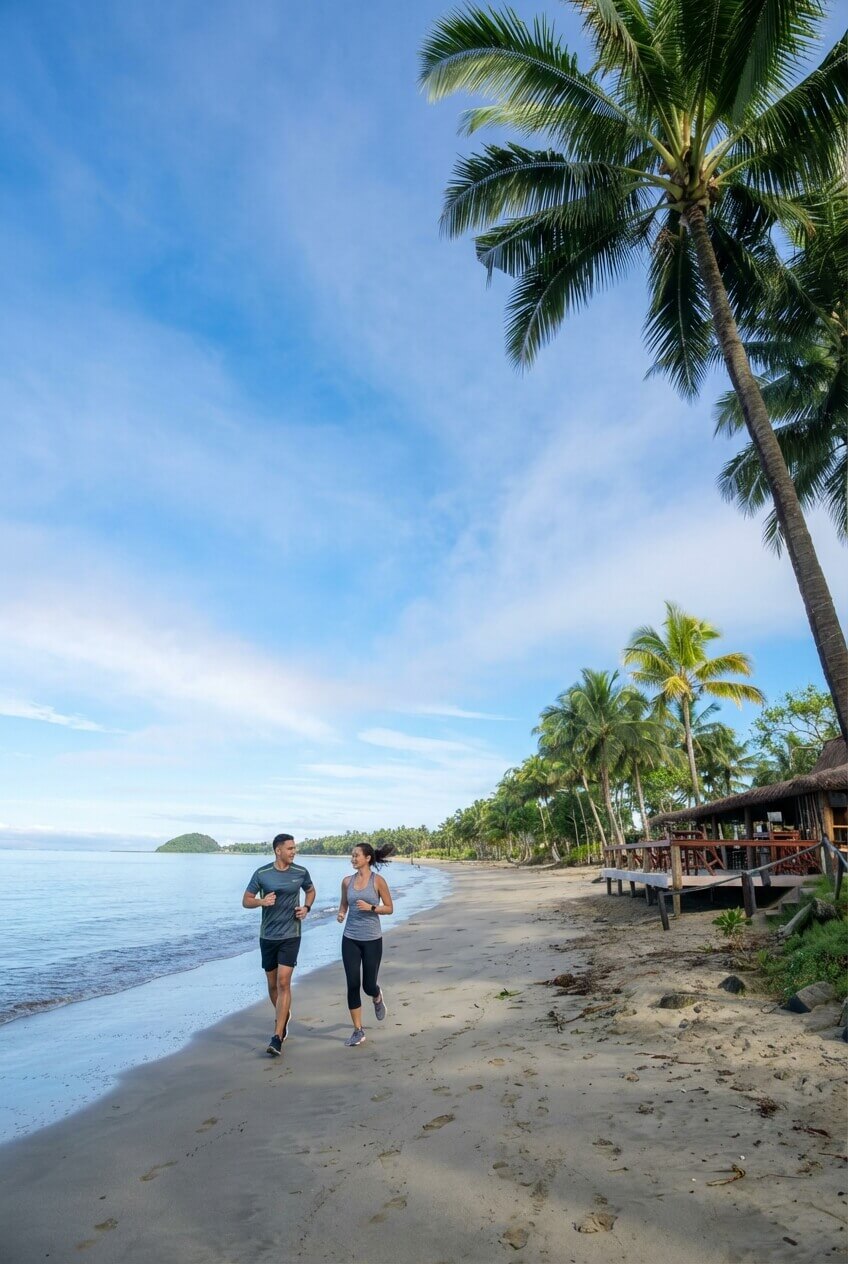 A couple jogging along the beachfront at Uprising Beach Resort Fiji