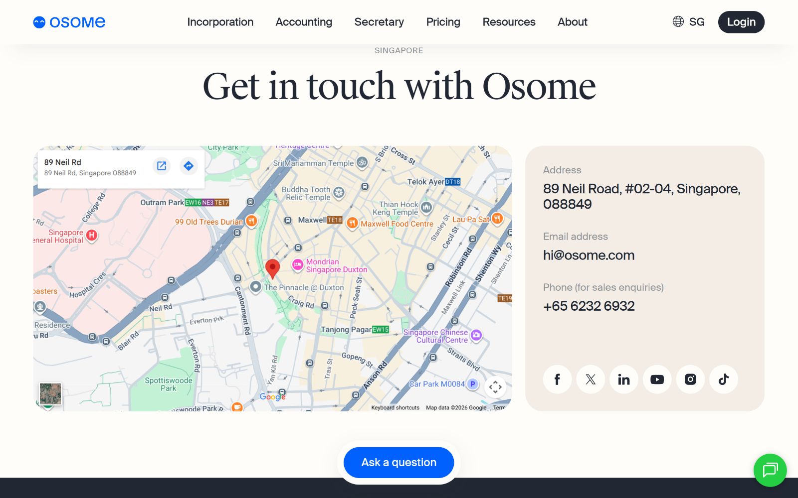 Map with nearby locations, contact info on right: 68 Neil Road, Singapore, email hi@osome.com, call +65 6232 6932.