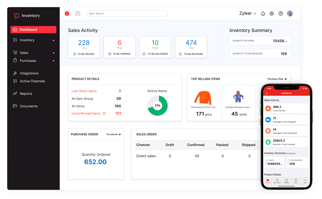 Zoho Inventory’s inventory summary with sales activity