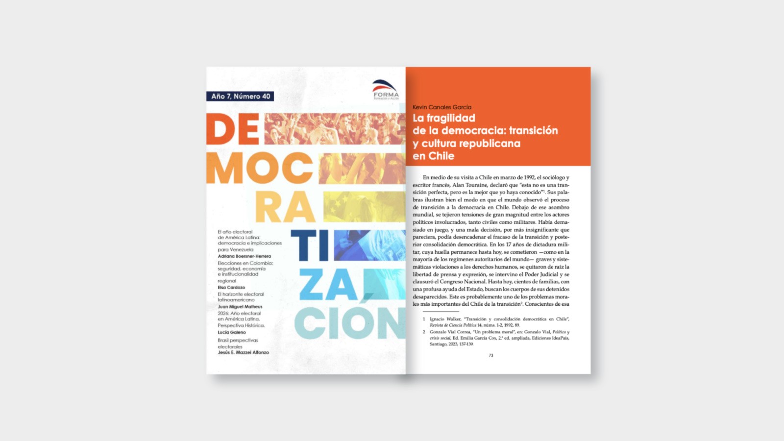 Portada de la edición 40 de la revista Democratización y primera págna de artículo de Kevin Canales contenido en ella, en noticia de IdeaPaís. 