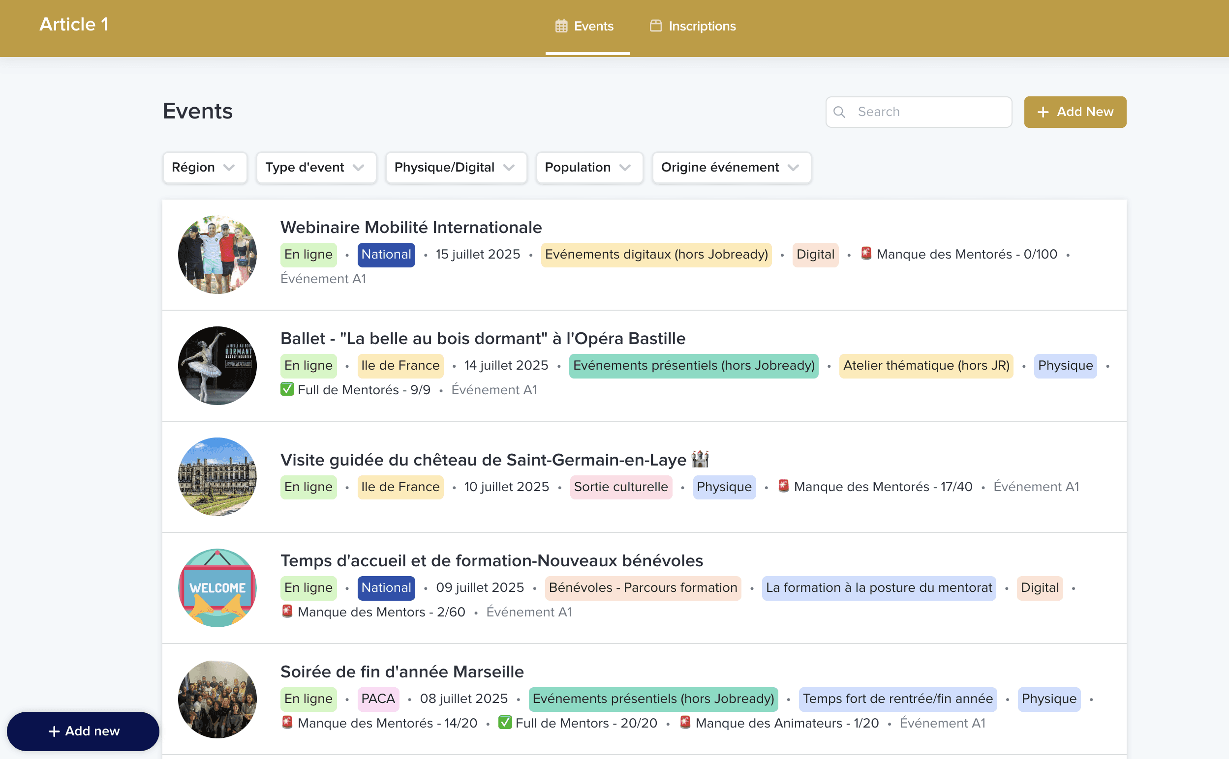 Capture d’écran de l’interface de gestion d’événements conçue avec Stacker pour Article 1, permettant aux équipes de visualiser et suivre les inscriptions en temps réel.
