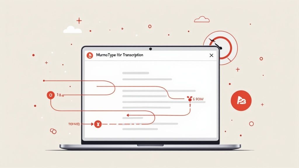 A person speaking into a professional microphone connected to a Macbook, with sound waves animating on the screen next to the MurmurType app logo.