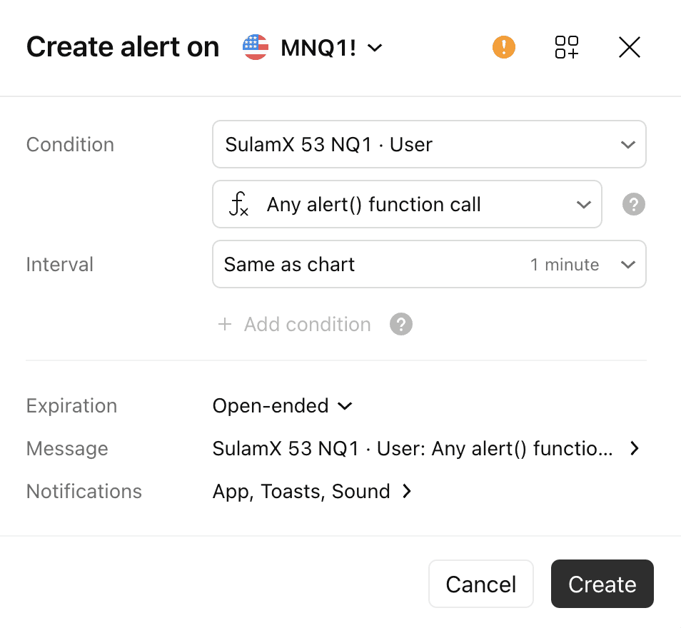 The TradingView Create alert dialog with SulamX Pro selected as the condition and Any alert() function call chosen.