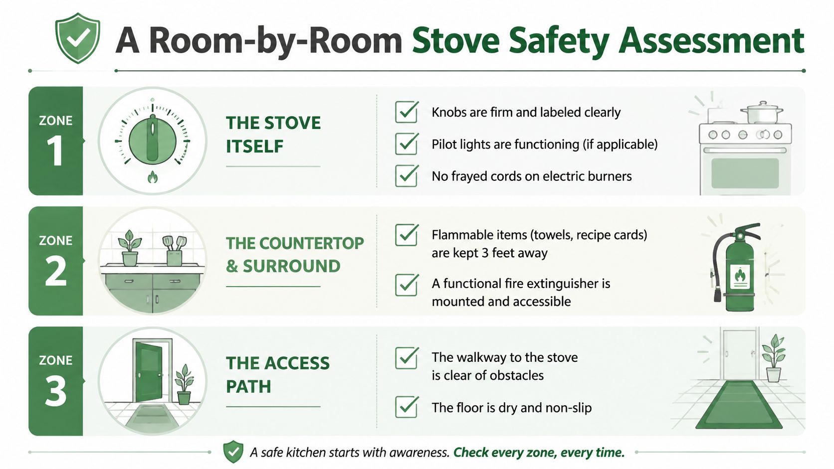 A safety infographic showing a three-zone room-by-room stove safety assessment guide for the kitchen area.