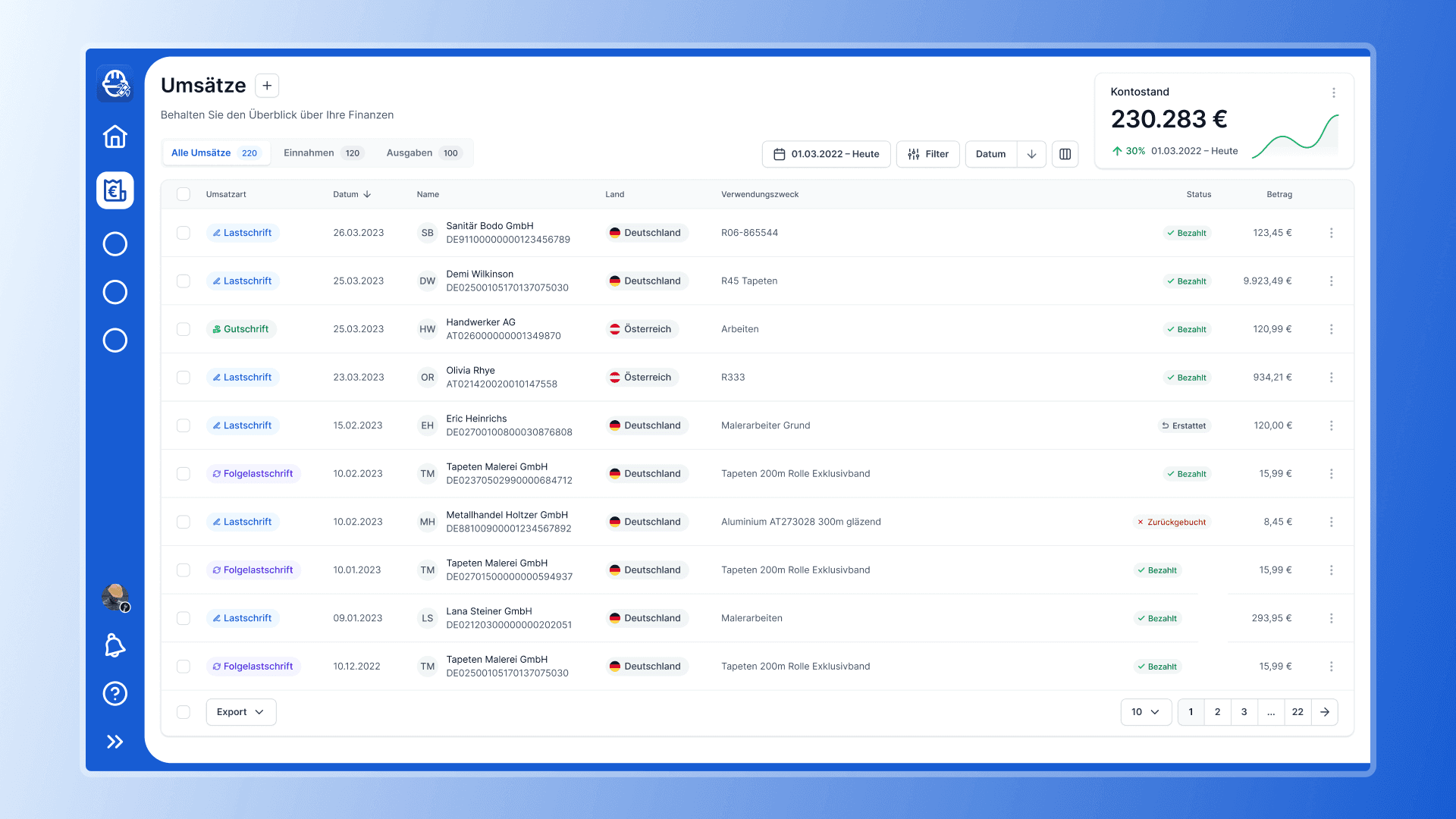 Revenue screen with a table layout and filters