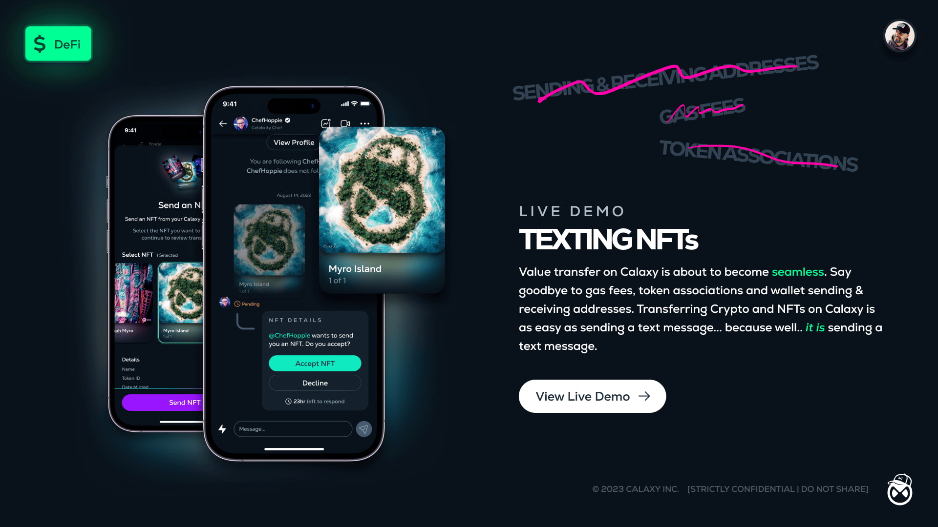 Live demo slide demonstrating texting NFTs on Calaxy, showing seamless crypto and NFT transfers inside chat without gas fees, wallet addresses, or token associations.