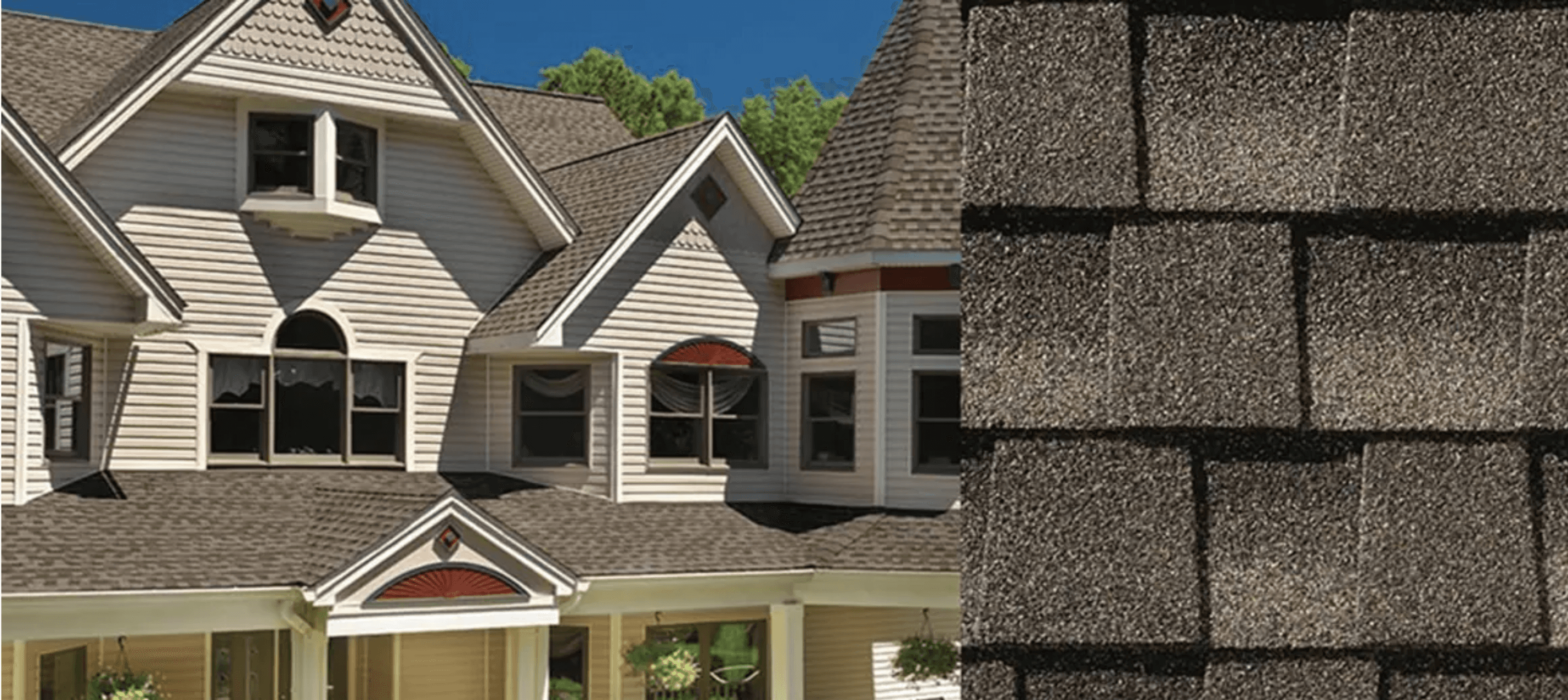 Combined beauty shot and swatch for GAF Timberline HDZ Mission Brown shingles.