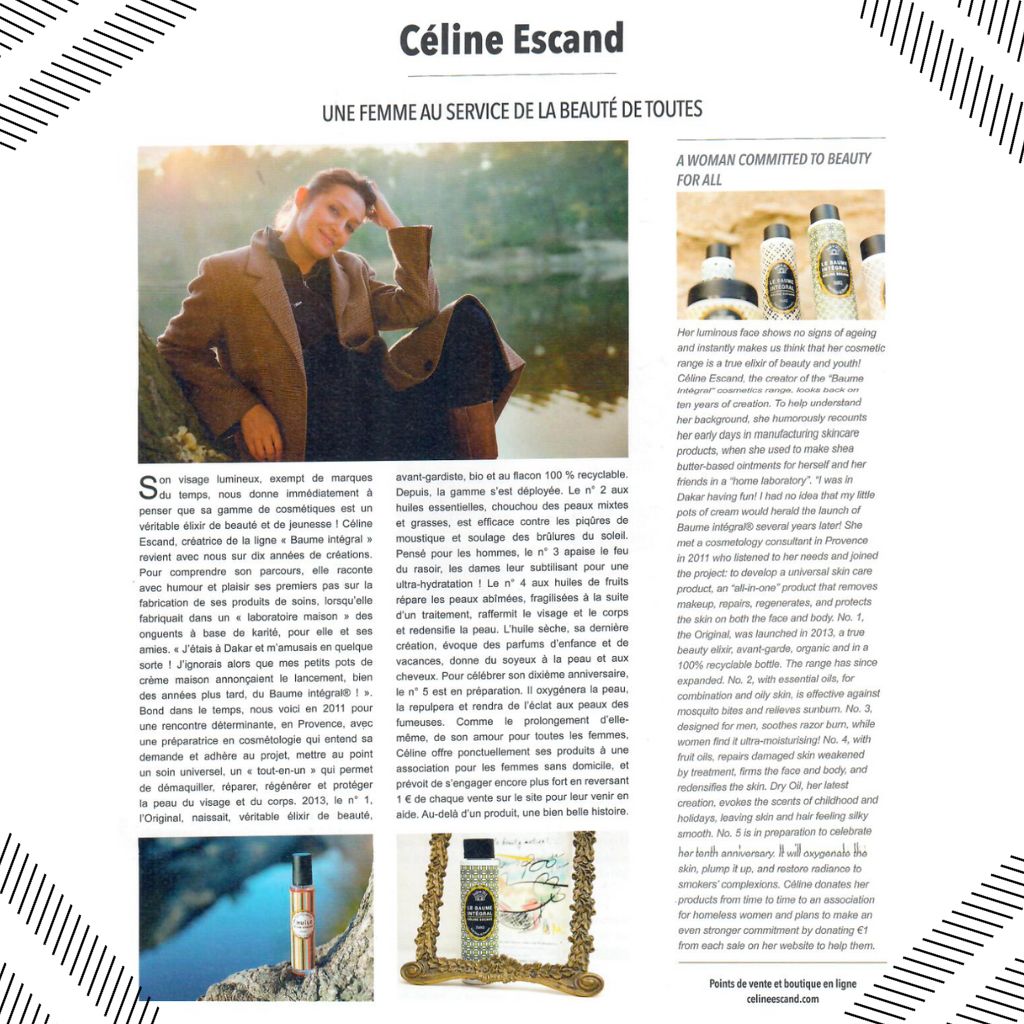 Article presse consacré à Céline Escand, fondatrice du Baume Intégral, présentant sa philosophie de beauté universelle et les soins naturels Made in Provence