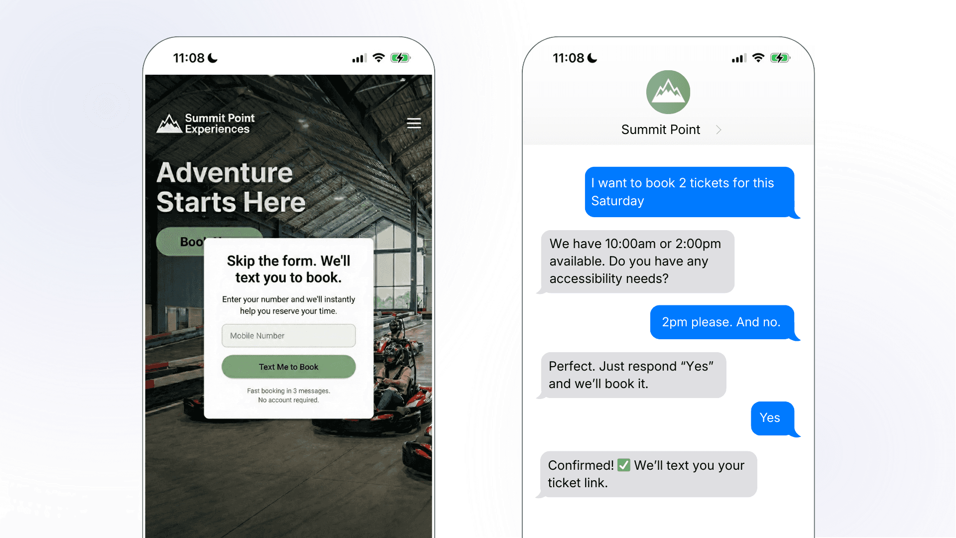 Two smartphone mockups for Summit Point Experiences: the left shows a mobile website with a "Text Me to Book" opt-in popup over a go-kart racing hero image; the right shows the resulting SMS conversation where a customer books 2 tickets for Saturday at 2pm and receives a ticket link confirmation.