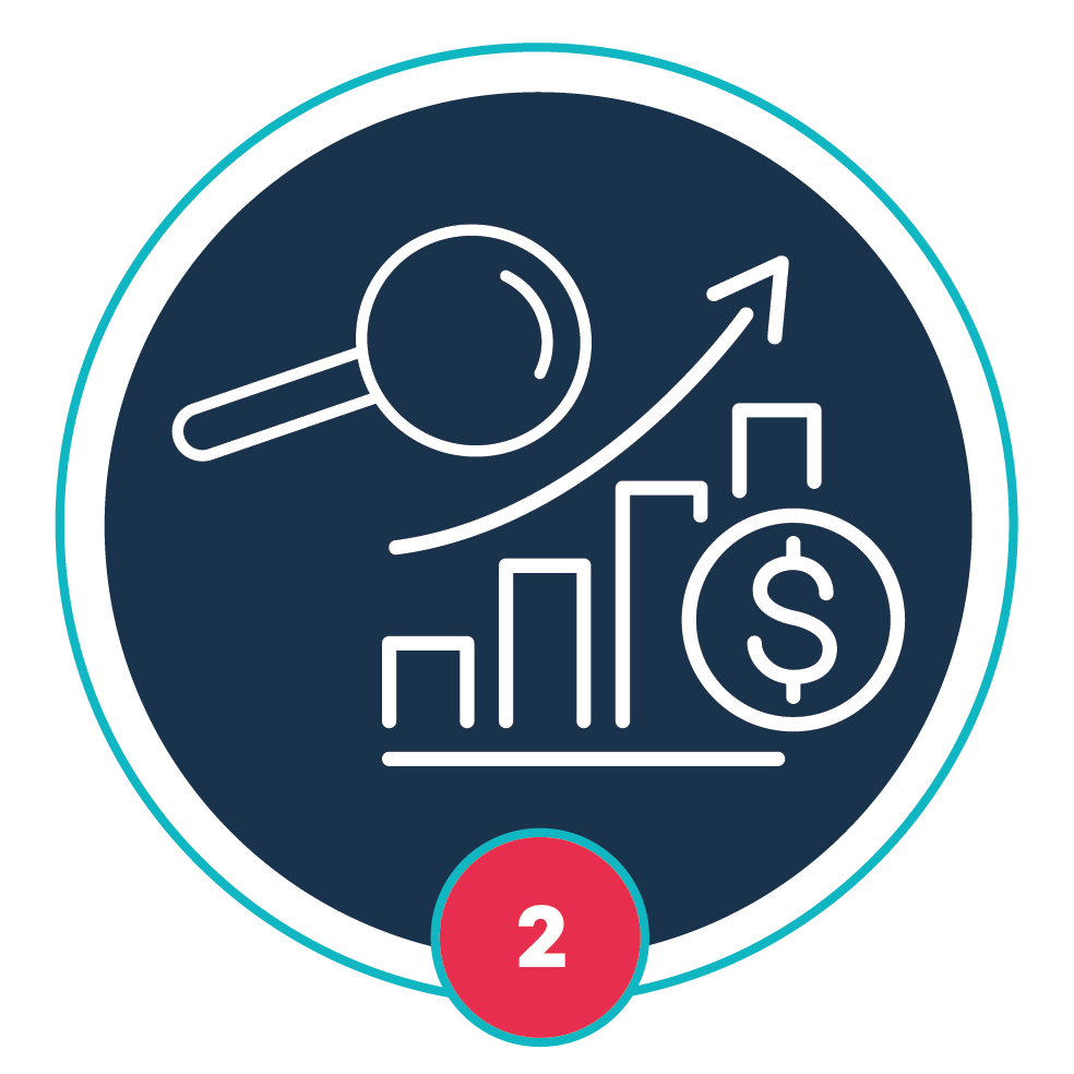 Step2: Blue circle and illustration of a white magnifying glass, a chart with an upward arrow and dollar sign