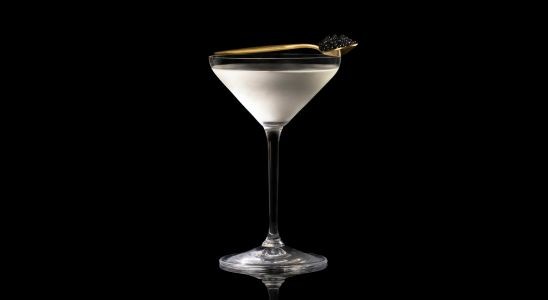 A closeup of a Savory, Year Round Classic Caviar Martini drink against a dark background.