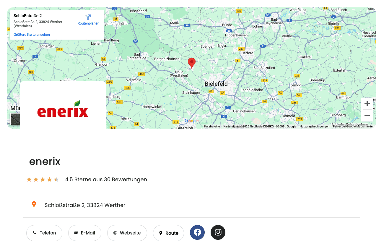 Eine Karte zeigt einen rot markierten Standort mit umliegenden Straßen und Sehenswürdigkeiten sowie Navigationsoptionen.