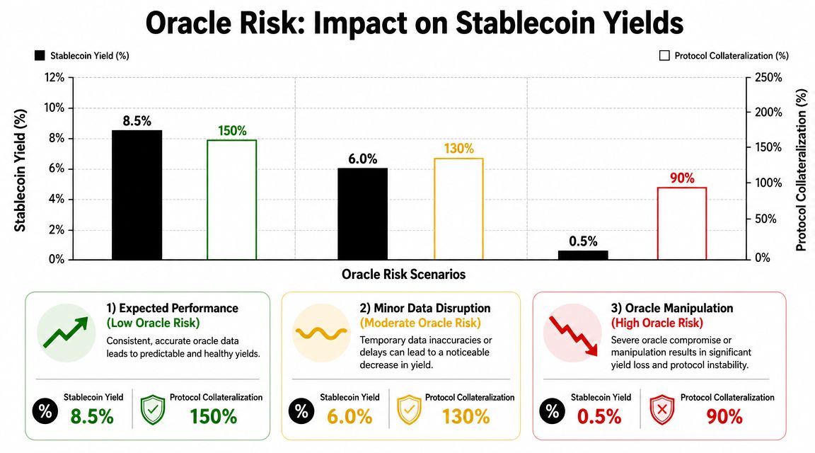 A bar chart comparing stablecoin yield and protocol collateralization levels across three oracle risk scenarios.