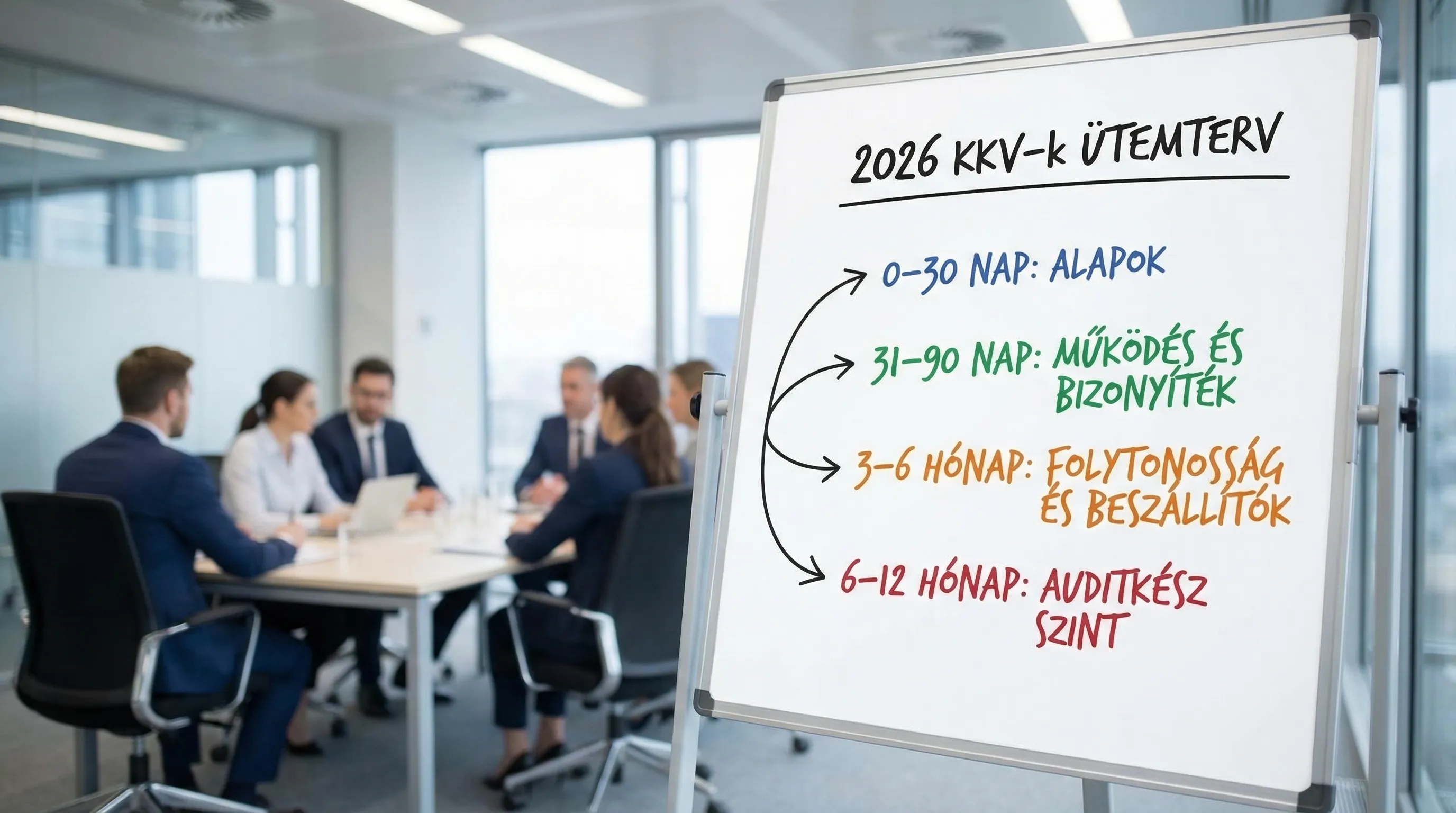 Idővonal jellegű ütemterv 2026-ra KKV-knak: 0–30 nap alapok, 31–90 nap működés és bizonyíték, 3–6 hónap folytonosság és beszállítók, 6–12 hónap auditkész szint.