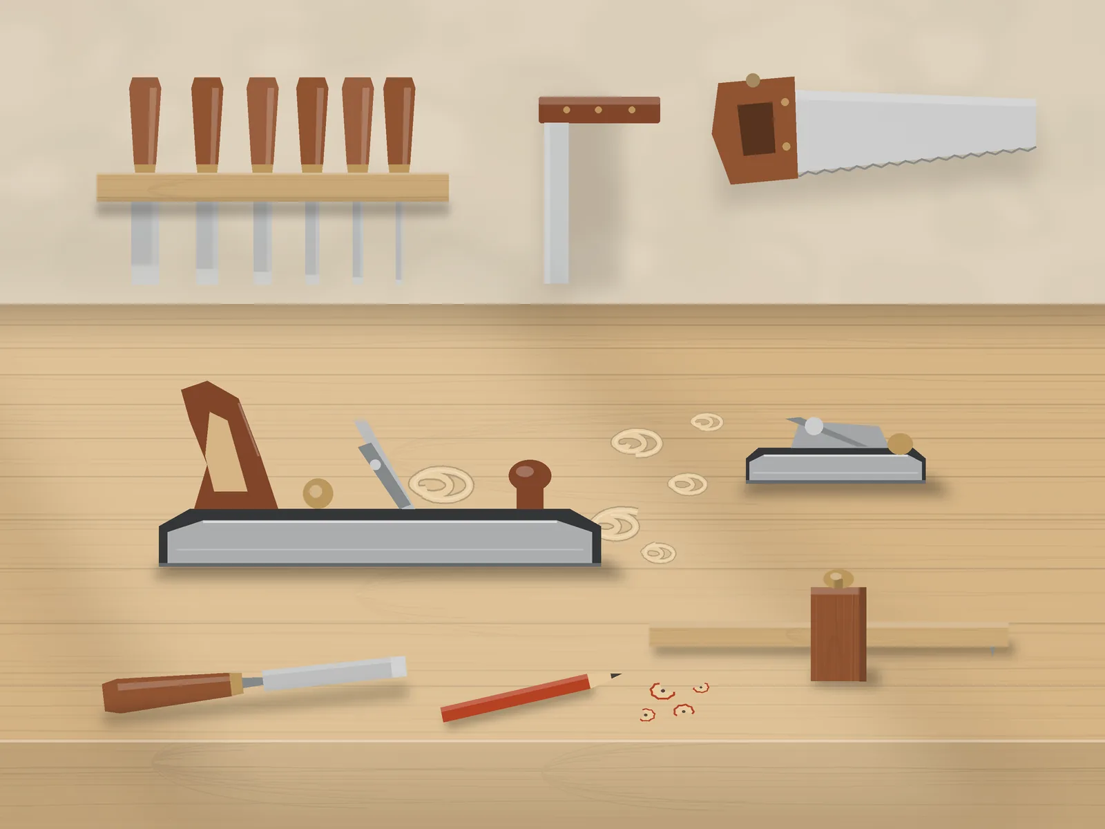 Workbench with hand planes and chisels