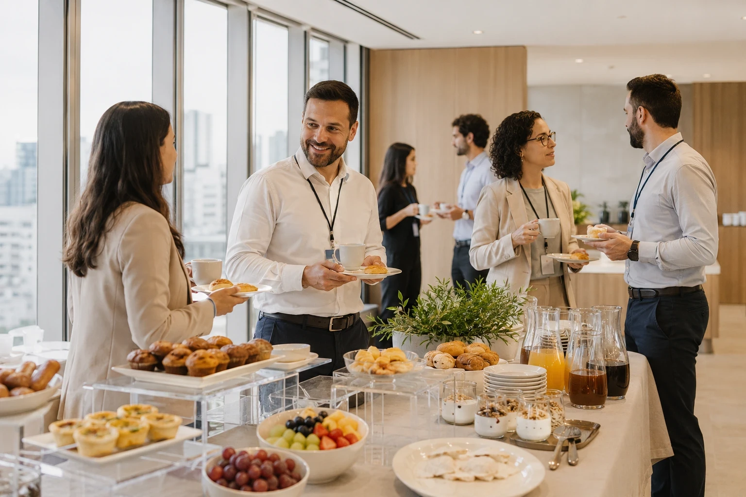 convidados em pé conversando ao redor de uma estação de brunch corporativo em ambiente executivo