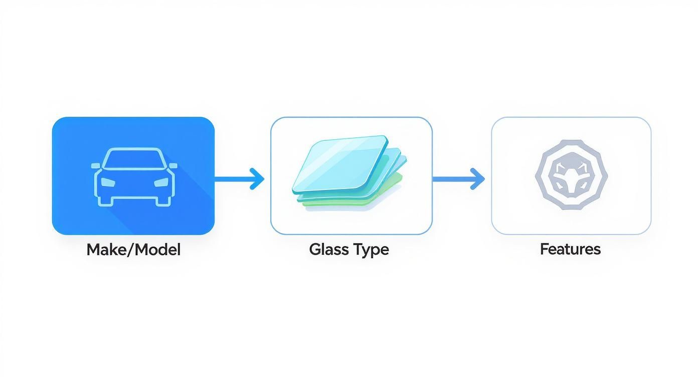 Windshield replacement process showing car make and model selection, glass type options, and security features