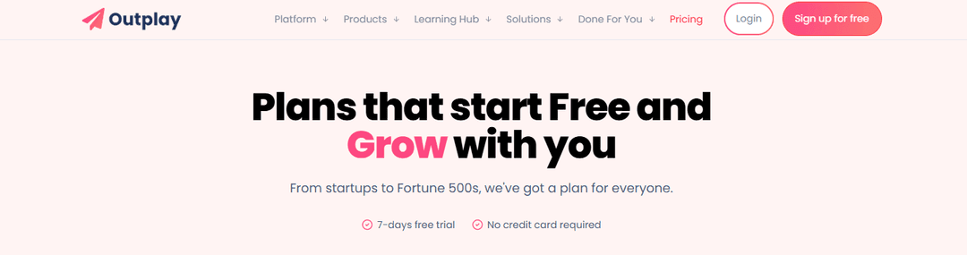 Outplay pricing page announcing plans that start free, with a 7-day trial and no card required