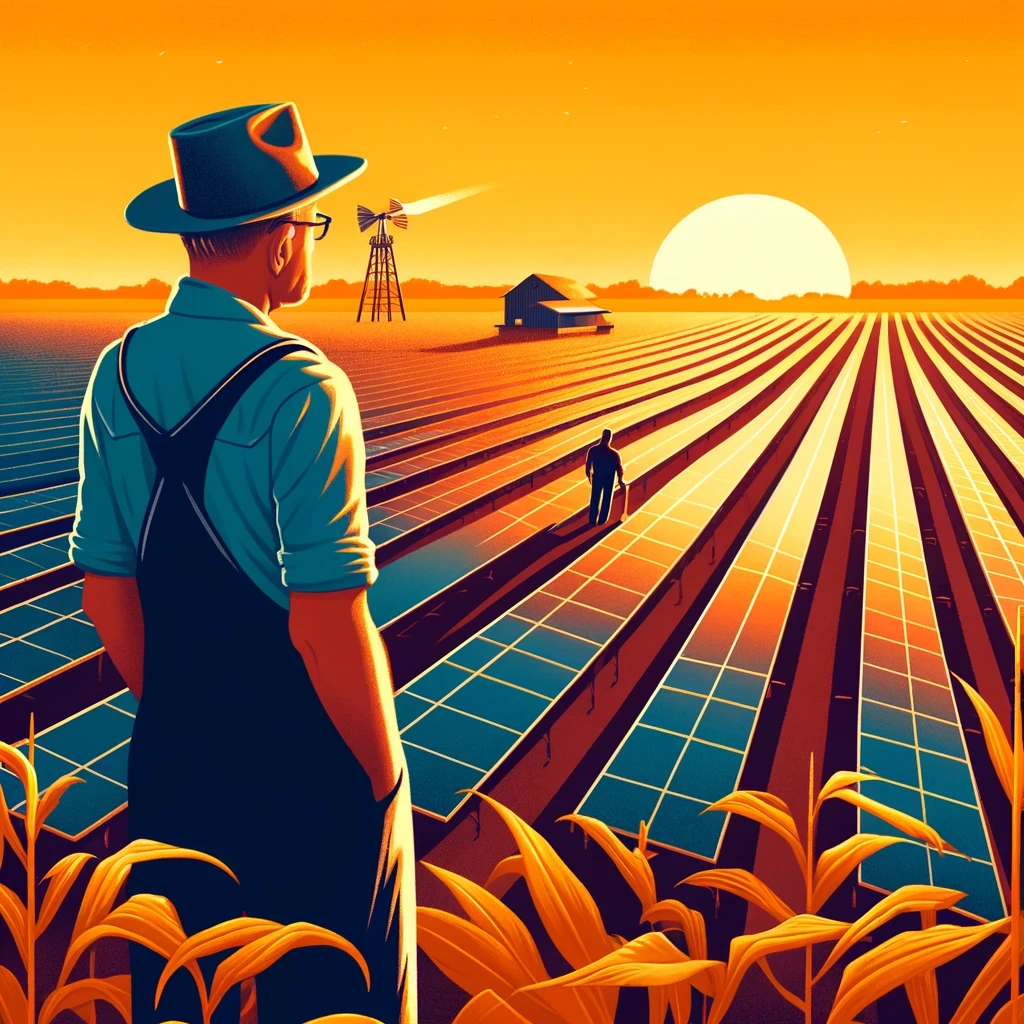 a seasoned farmer, oversees the installation of sleek, modern solar panels across his vast Indiana farmland. The early morning sun illuminates both the traditional cornfields in the background and the emerging rows of solar panels, symbolizing a harmonious blend of traditional farming and renewable energy technology.