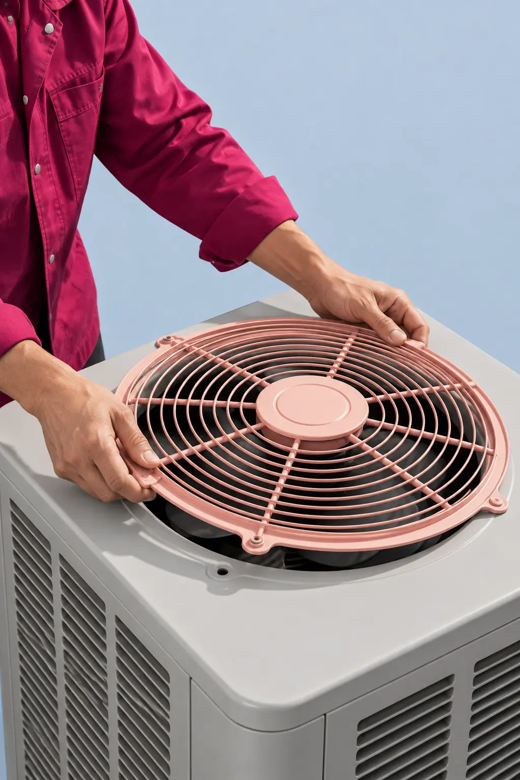 Technician fitting a new fan guard on top of a new air-conditioner unit