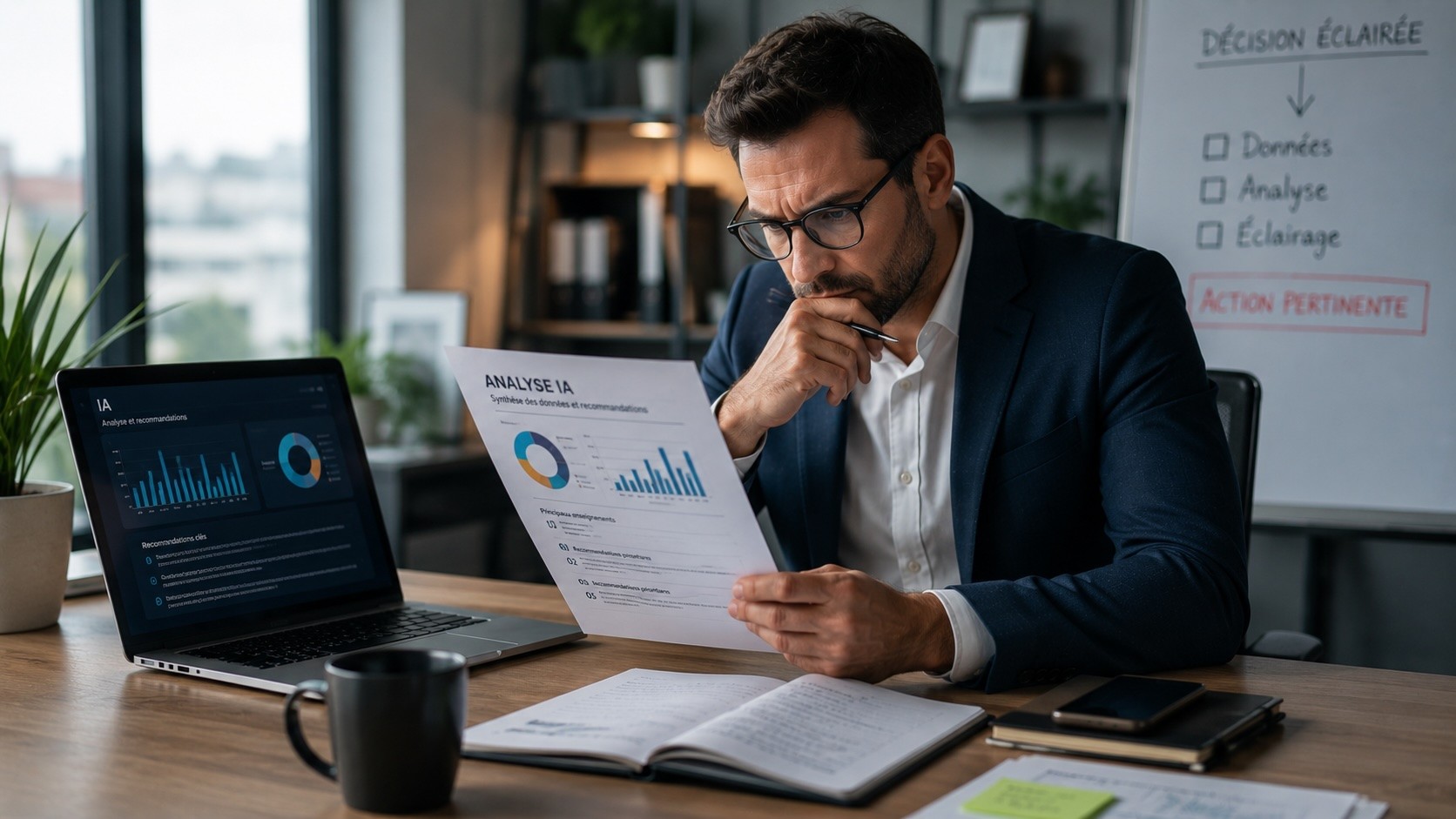 Manager relisant avec attention une analyse produite par l'IA