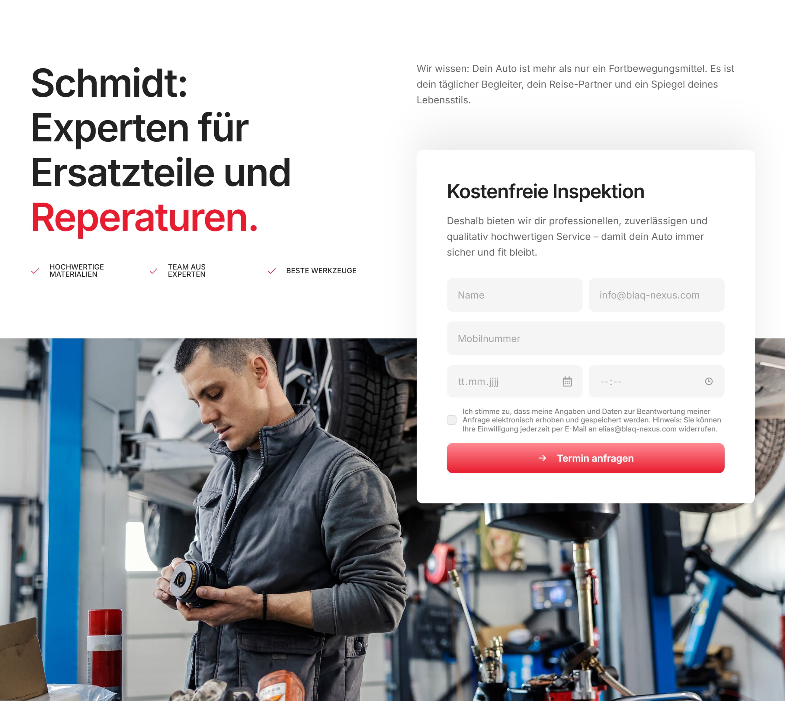 die hero-section einer website für eine autowerkstatt