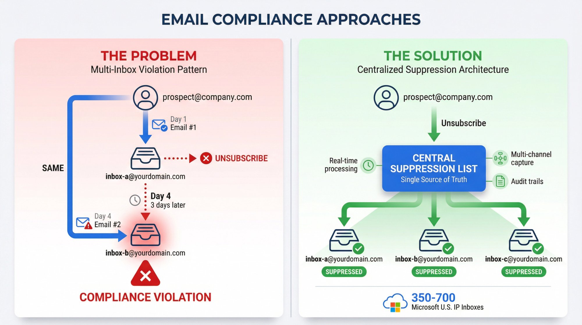 Technical diagram comparing the multi-inbox compliance violation pattern versus centralized suppression list architecture