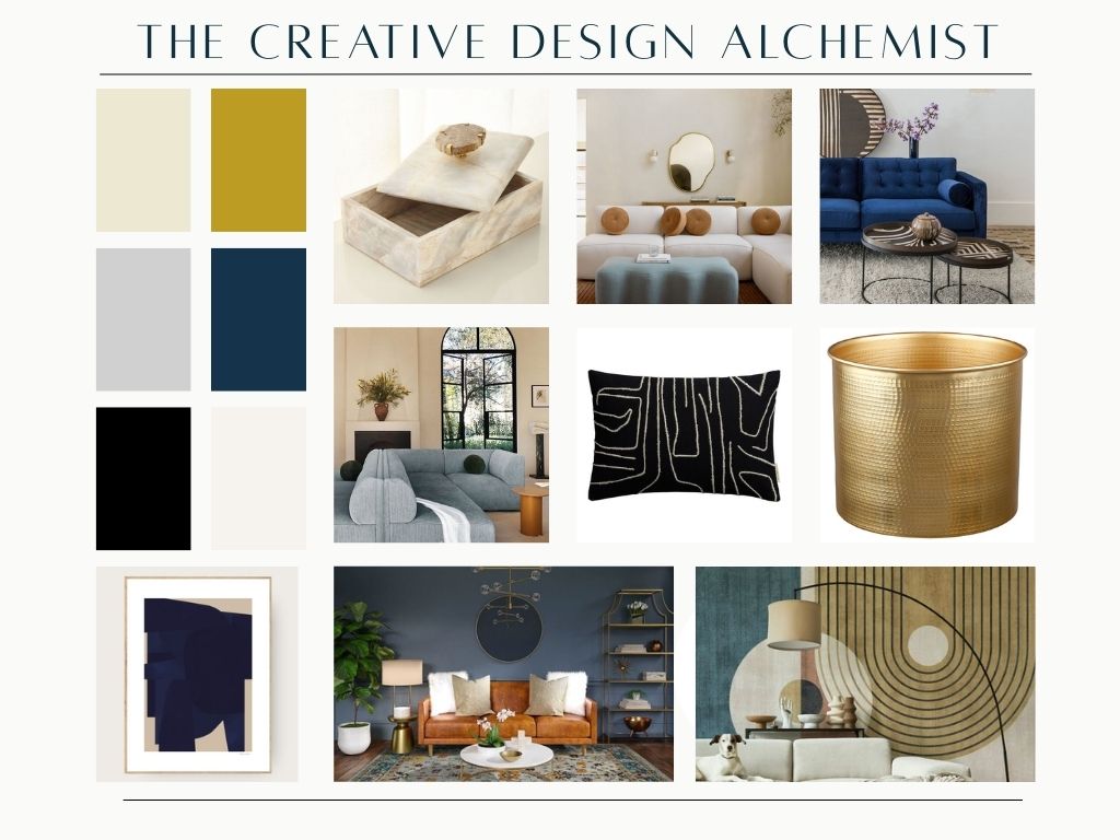 This interior design mood board showcases a mix of modern and contemporary styles featuring a color palette of navy, gold, grey, and cream, complemented by plush furniture, geometric decor, and abstract art pieces.