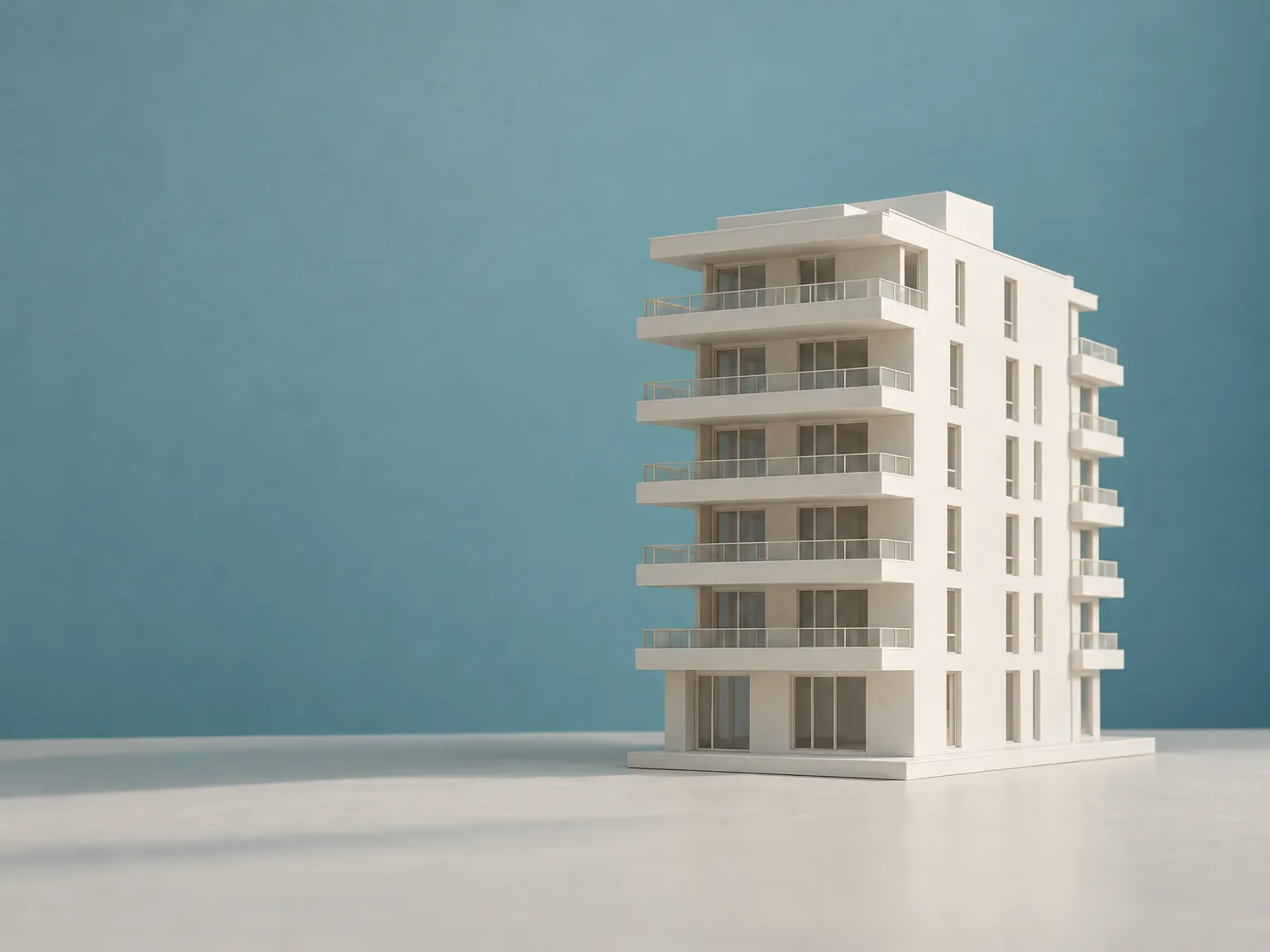 White scale model of an apartment building against a teal wall