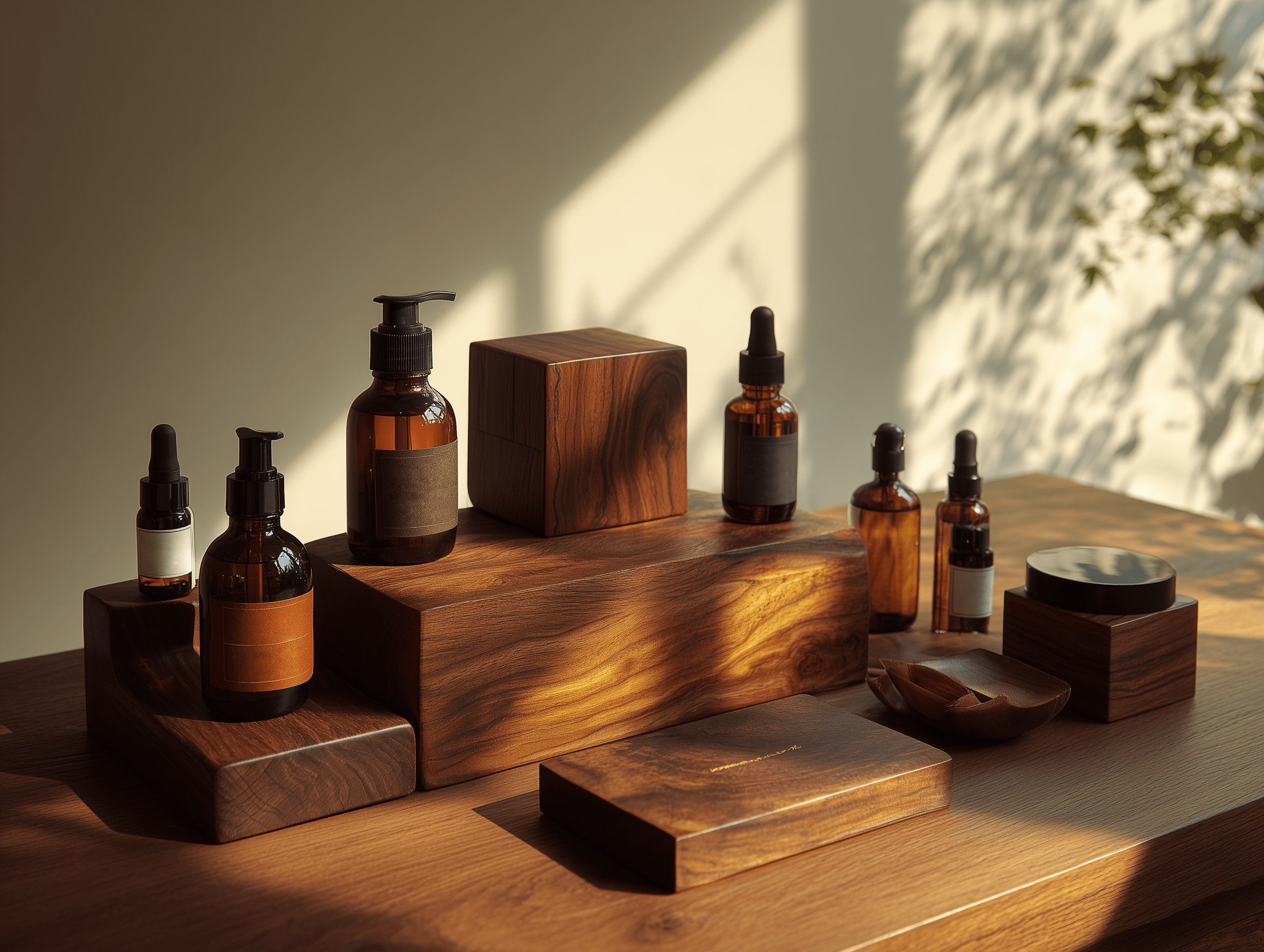 Bottles and skincare products on a table with brown tone